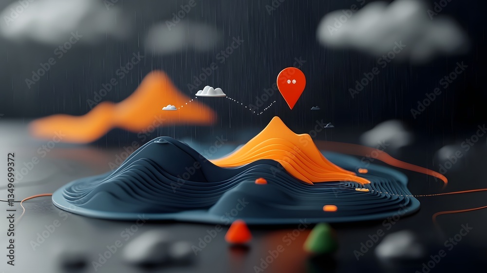 Poster captivating fluid topographic terrain data visualization with a dynamic rainfall pattern and precise