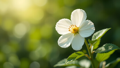 Delicate white wildflower in full bloom, bathed in warm sunlight, standing against a blurred green background, symbolizing purity, simplicity, and the beauty of nature