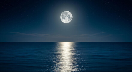 Serene Night Seascape Full Moon over Calm Ocean Waters Starry Sky