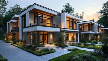 Fototapeta premium Modern homes, twilight, forest, landscaping, real estate