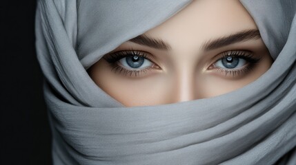 Naklejka premium Close-up of a woman wearing a gray hijab, emphasizing her striking blue eyes