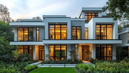 Obraz premium Modern house dusk suburban landscape real estate