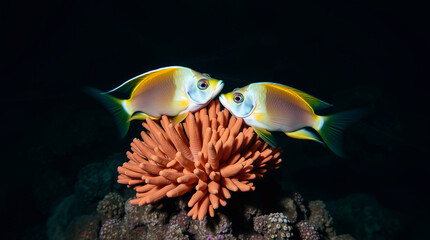Fototapeta premium Long exposure photography captures motion and light trails of sea fish and coral embracing, showcasing mutual protection and belonging in their underwater home.jpg