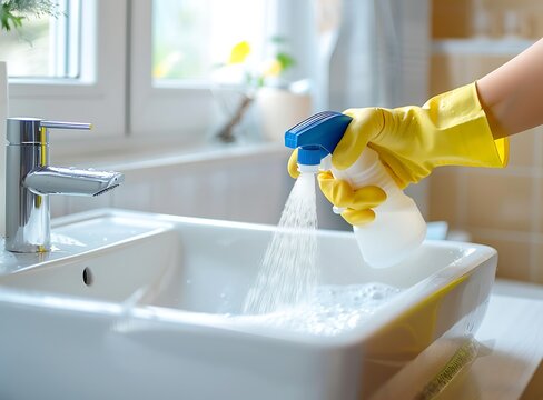 A professional cleaning service worker, wearing yellow rubber gloves and an apron, is washing the white sink in front of them with a blue spray bottle and a cloth rag in a modern bathroom.  - Powered by Adobe