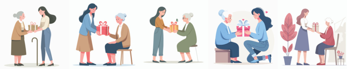 Fototapeta premium vector of a woman giving a gift to her grandmother
