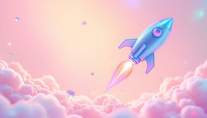A shiny blue rocket soars above fluffy pink clouds in the sky