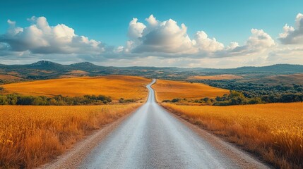 Scenic journey through golden fields leading towards distant hills under sky