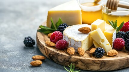 Assorted Cheese Platter with Fresh Fruits, Nuts, and Honey on a Rustic Wooden Board for Gourmet Dining or Food Styling Inspiration, Perfect for Entertaining Guests