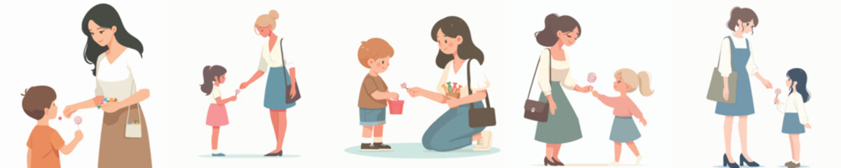 vector of a woman giving candy to children