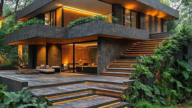 Modern architectural house with illuminated steps in a lush garden
