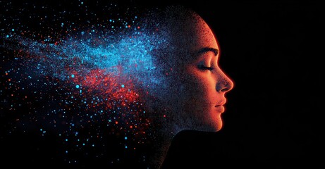Woman's profile, cosmic energy, dark background, art concept, mental health