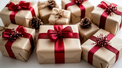 Obraz premium Festive Gift Boxes Wrapped in Kraft Paper with Burgundy Ribbons