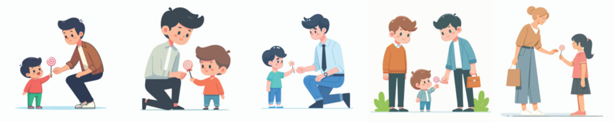 vector of a young man giving candy to children
