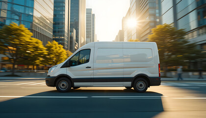A sleek white delivery van driving through bustling city streets during golden hour, with urban buildings reflecting warm sunlight, symbolizing fast logistics and transportation
