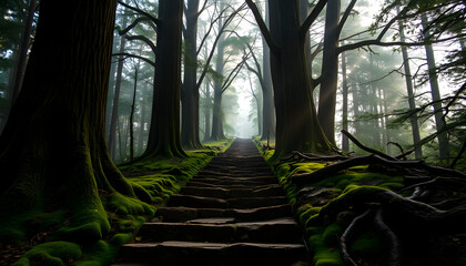 Mysterious stone stairway ascending into a misty enchanted forest with towering ancient trees and deep shadows, creating a fantasy-like atmosphere of mystery and adventure
