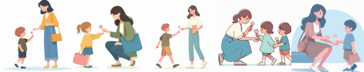 vector of a woman giving candy to children