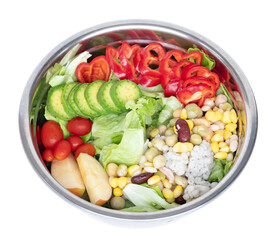 Salad in stainless bowl isolated on transparent background.