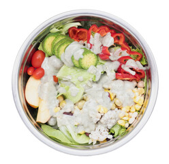 Salad in stainless bowl isolated on transparent background.