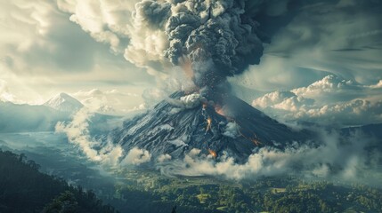 Volcano erupts with explosive power, spewing lava and ash into the sky over a lush landscape