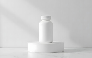 Elegant white cosmetic bottle mockup placed on a sleek minimalist pedestal, set against a soft monochrome background, emphasizing modern skincare beauty and branding concepts