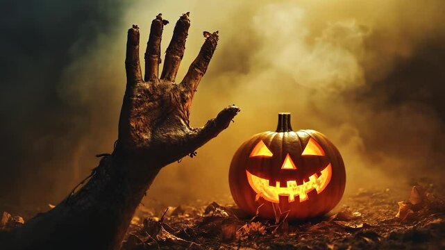 Hands of zombie pumpkin. Dark background with a zombie hand. A pumpkin with a face of pumpkins on the earth for halloween. The limbs of a zombie pumpkin lifestyle.