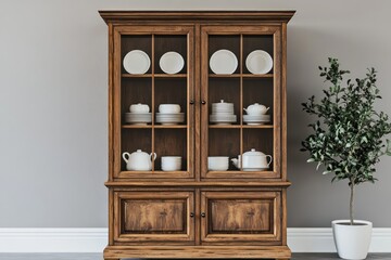 Wooden china cabinet filled with dishes, room interior design