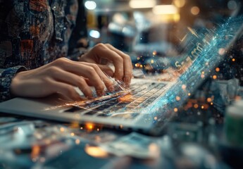 Person typing on laptop with digital data overlay. (1)
