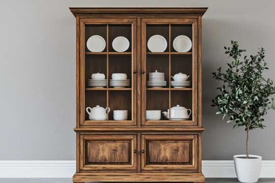 Wooden china cabinet filled with dishes, room interior design
