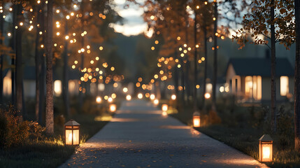 Autumn Evening Pathway With Warm Lights