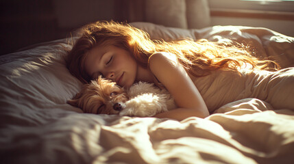 A young girl sleeping peacefully in bed with her senior dog cuddled up close in a warm and comfortable home atmosphere.