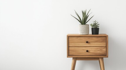 Wooden nightstand with succulents, minimalist room