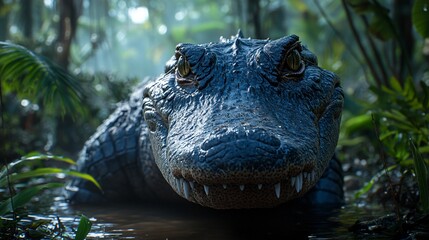 Fototapeta premium A close-up of a crocodile with its eyes emerging from water. 