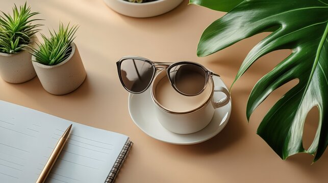 Cozy workspace with sunglasses, coffee, plant, and notebook for relaxation - Powered by Adobe