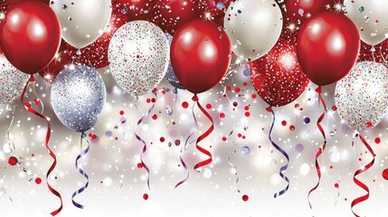 Festive red and silver balloons with confetti and streamers on a celebratory background