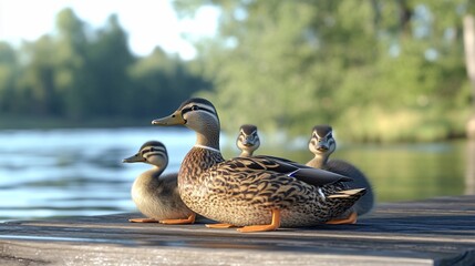 Fototapeta premium Duck family on dock with bokeh trees and lake behind.