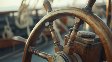 Wooden ship wheel, sailing, ocean, sunset, nautical travel