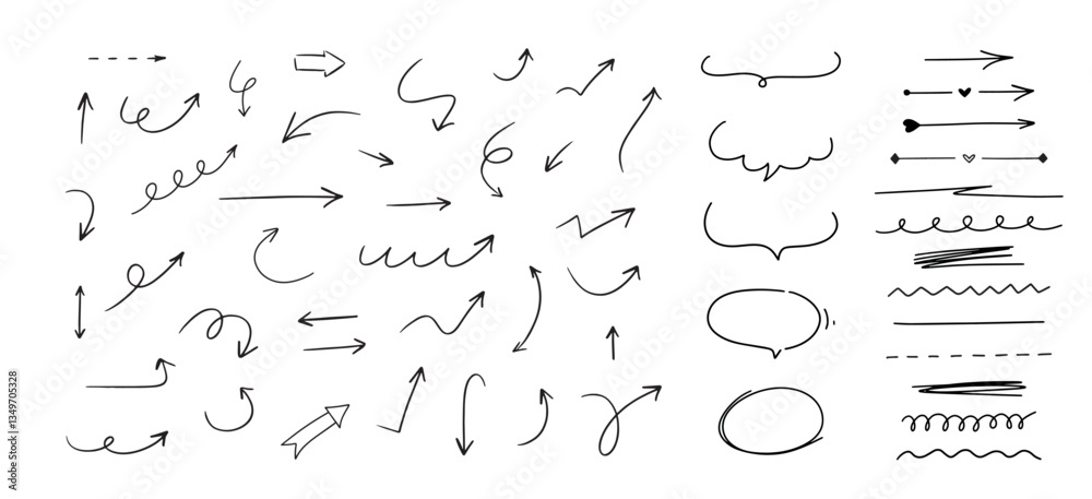 Poster hand drawn different line elements. doodle sketch style arrows, scribbles, speech bubbles and underl
