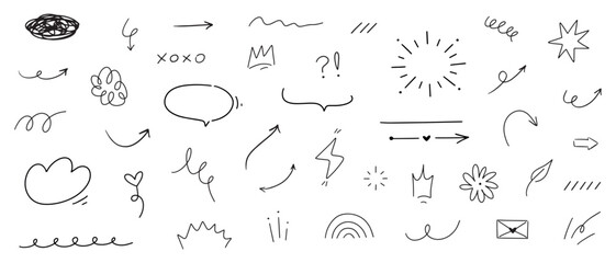 Hand drawn different line elements. Doodle sketch style arrows, scribbles, stars, speech bubbles and underlines. Vector grunge element set on white background.