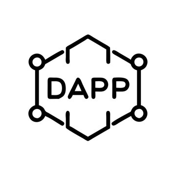 Simple black vector icon of DApp symbol in hexagonal design for decentralized application representation
