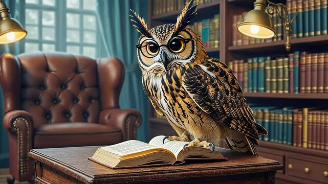 an owl with glasses sits on a book on a table in a library