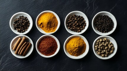 Overhead view of an assortment of medicinal spices arranged in small bowls on a dark surface, showcasing various textures and colors for culinary use