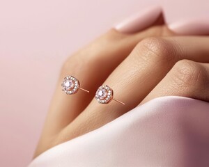 Modern diamond stud earrings in geometric hexagon shapes, isolated on a soft pastel pink surface, chic and elegant