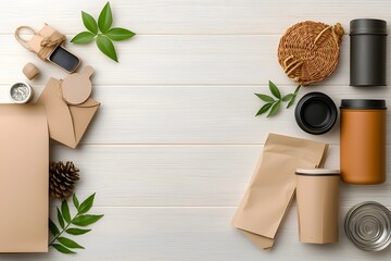 Curated collection of diverse storage containers including wicker tin and kraft paper arranged in a visually appealing flat lay composition on a light wooden surface