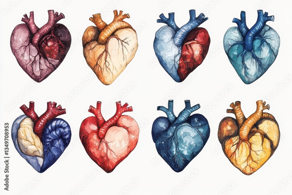 Poster detailed anatomical illustration showcasing various heart shapes and textures, highlighting diversit