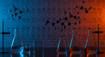 Chemistry Lab Equipment Erlenmeyer Flasks Beakers and Molecular Models under Blue and Orange