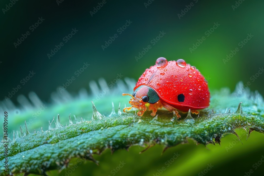 Aufkleber red ladybug crawling on a soft green leaf in a close-up view during a sunny day in a tranquil garden