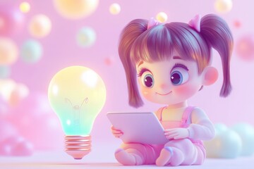 Fototapeta premium Adorable cartoon girl using a tablet, illuminated by a glowing lightbulb, symbolizing creativity and ideas.