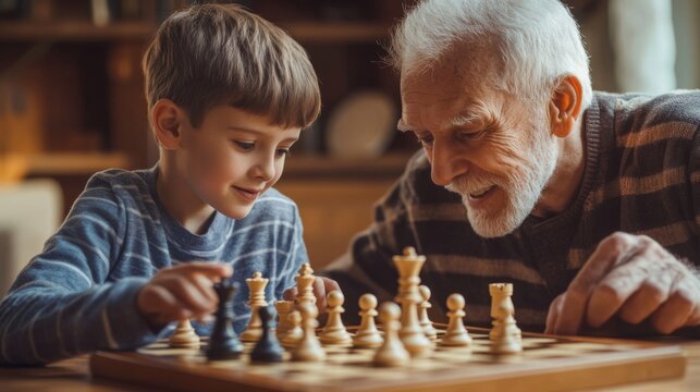 A senior man playing chess with his grandson deep concentration wisdom and bonding intergenerational moment
