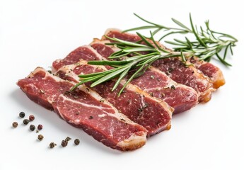 Fototapeta premium Freshly Sliced Meat on White Background with Herbs and Spices for Culinary Decoration and Presentation