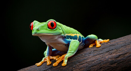 Naklejka premium Vibrant Red Eyed Tree Frog on Dark Wood Branch Close Up Wildlife Photography